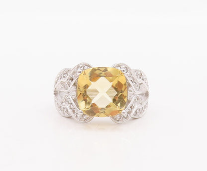 925 Sterling Silver Vintage Ring Carved Square Citrine & Topaz  Sz 7.5  RG29519