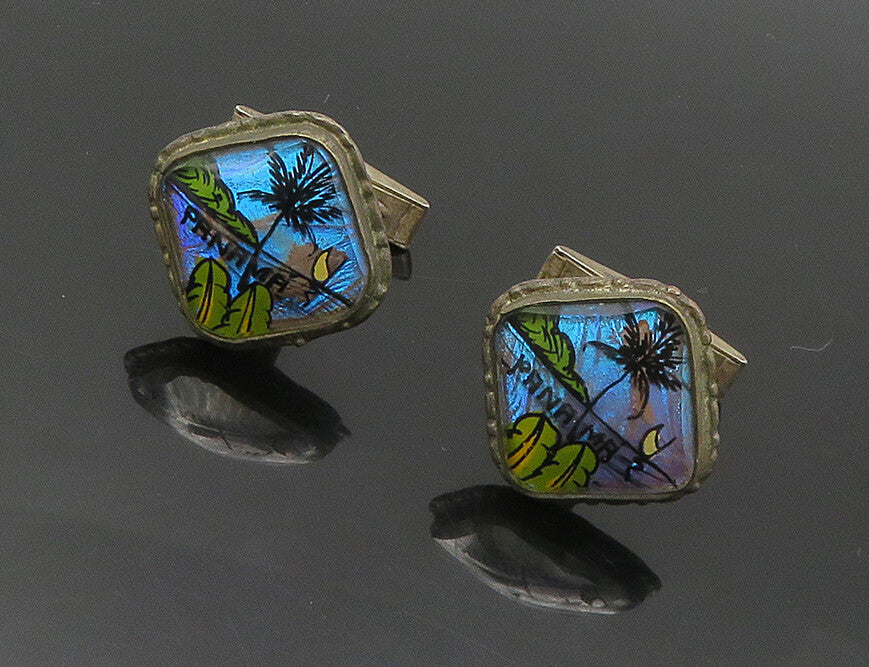 925 Sterling Silver  Vintage Enamel Panama Island Scene Cufflinks  TR2431