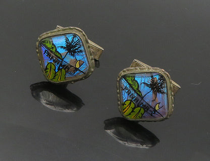 925 Sterling Silver  Vintage Enamel Panama Island Scene Cufflinks  TR2431