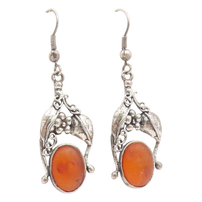 925 Sterling Silver Vintage Earrings POLAND Amber Floral Motif Dangles  EG14171