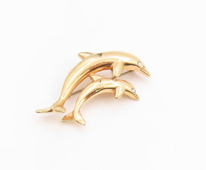 925 Sterling Silver Vintage Brooch Gold Plated CZ Dolphin Mother & Baby  BP11806