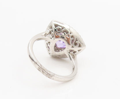 925 Sterling Silver  Vintage Amethyst Triangle Halo White CZ Ring Sz 7 RG26979