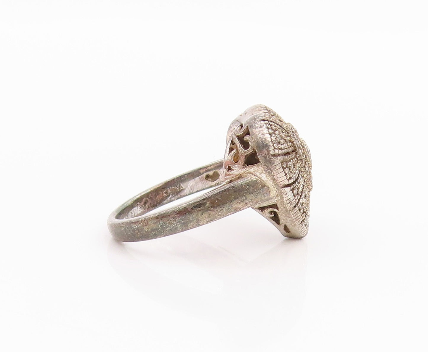 925 Sterling Silver Vintage Ring Designer Diamonds Inlay Heart  Sz 7  RG33231