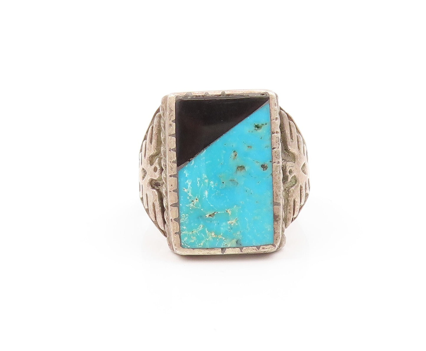 925 Sterling Silver Vintage Ring NAVAJO ZUNI Turquoise Onyx  Sz 10.5  RG31866