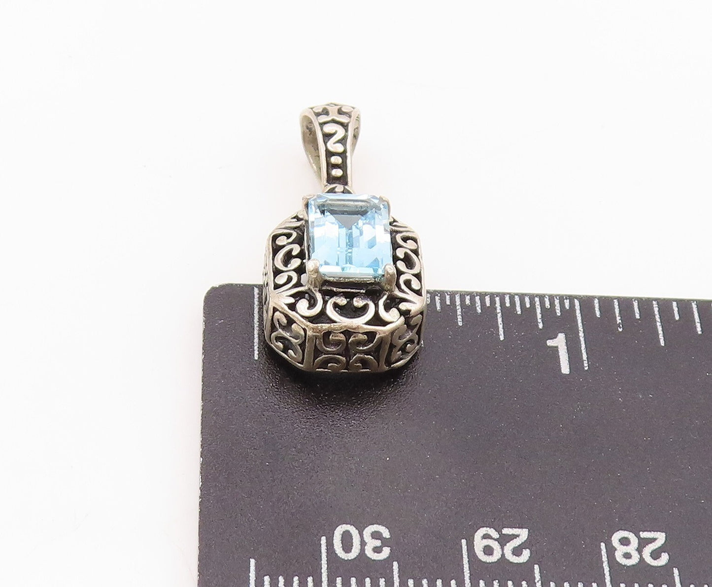 925 Sterling Silver Vintage Pendant Rectangle Blue Topaz Swirly Carved  PT23905