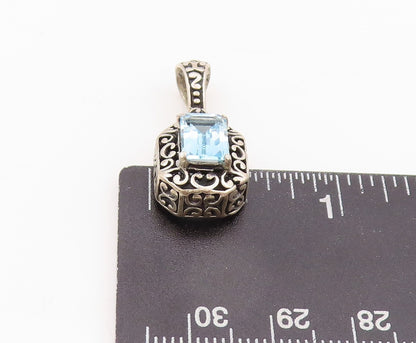 925 Sterling Silver Vintage Pendant Rectangle Blue Topaz Swirly Carved  PT23905