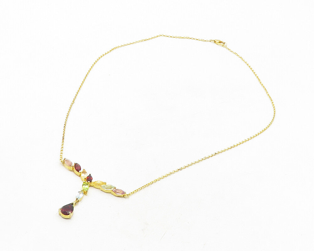 925 Sterling Silver Garnet & Multi Stone Gold Plated Chain Necklace NE1947