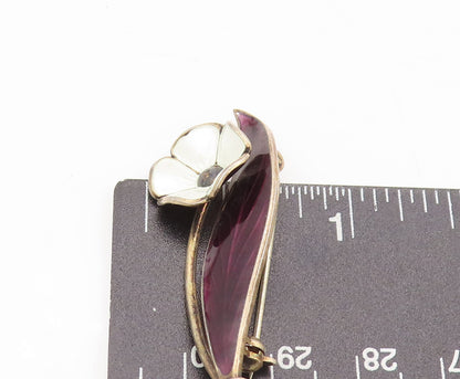 NORWAY 925 Silver  Vintage Solid White Flower Purple Leaf Brooch Pin  BP10491