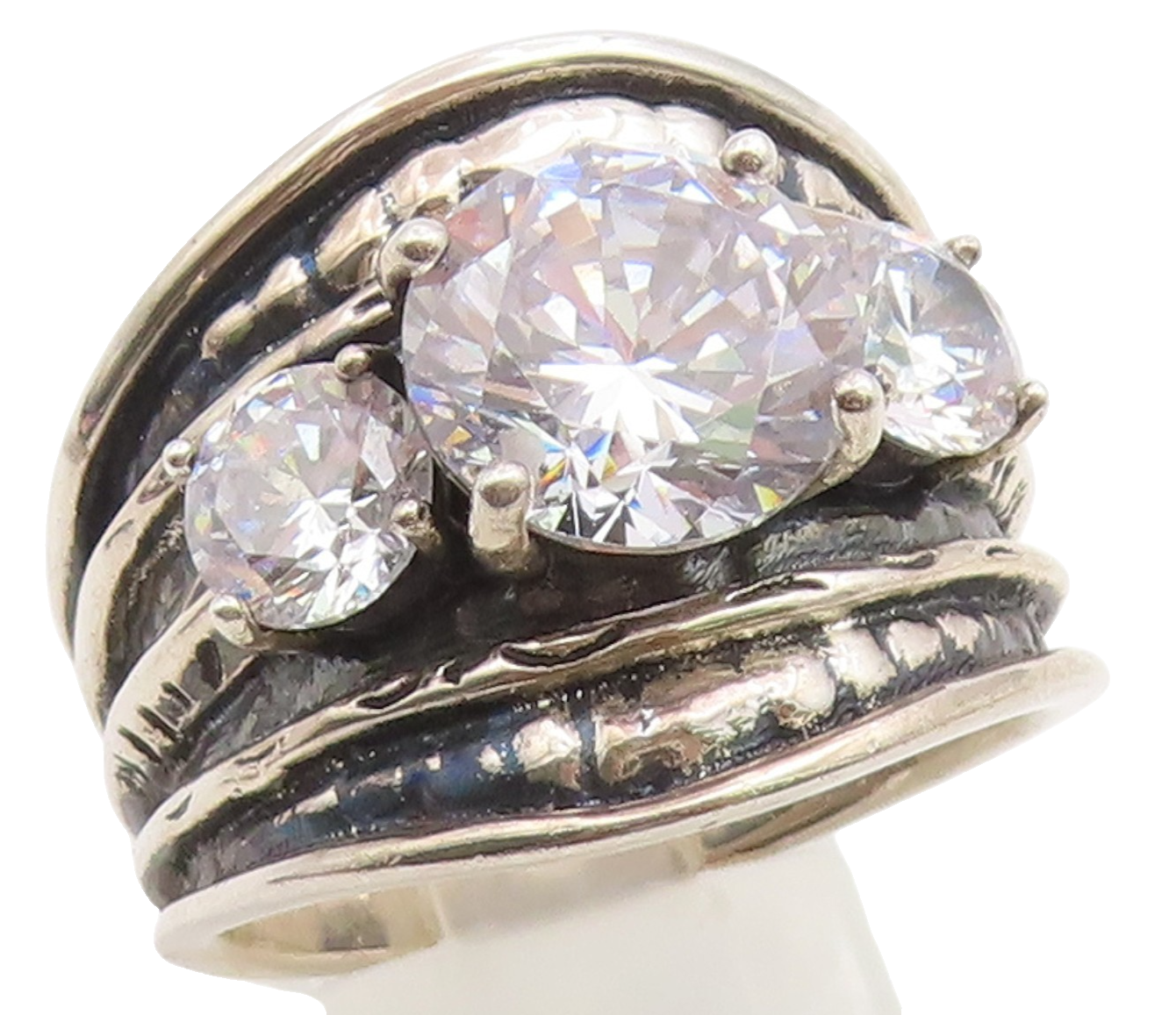 925 Sterling Silver Vintage Ring CZ Wide Tapered Statement Band  Sz 10  RG36735