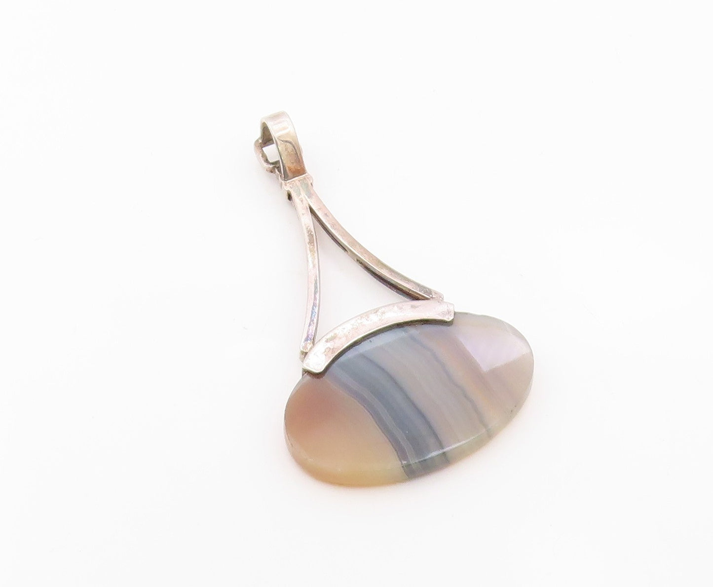 925 Sterling Silver  Vintage Open Triangle Oval Agate Pendant  PT21014