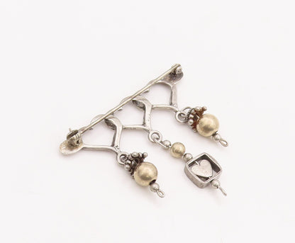 925 Sterling Silver Vintage Brooch Pin Cutout Hearts With Dangling Beads BP11104