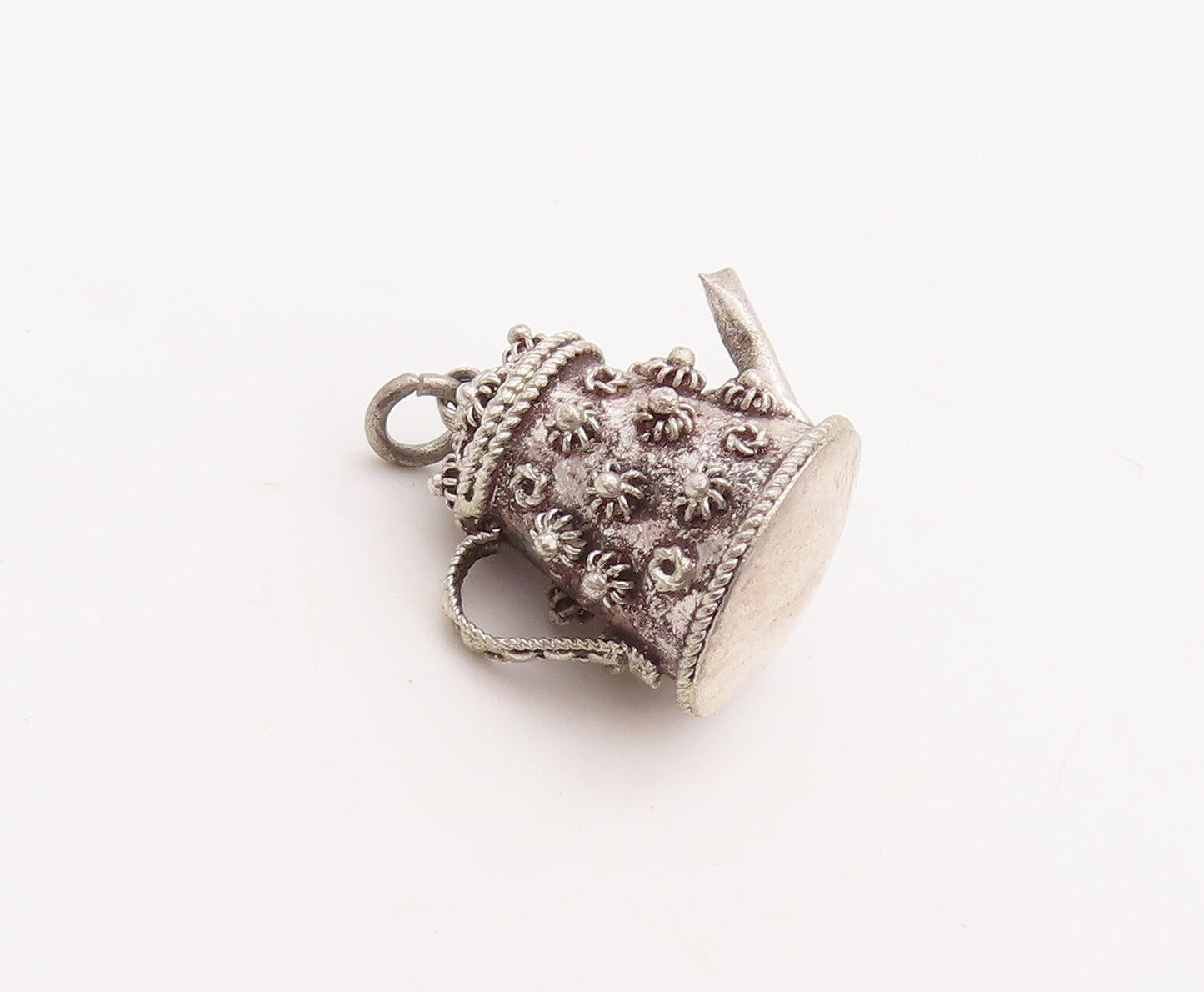 925 Sterling Silver Vintage Pendant Solid Coiled Floral Carved Tea Pot  PT23163
