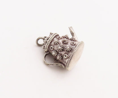 925 Sterling Silver Vintage Pendant Solid Coiled Floral Carved Tea Pot  PT23163