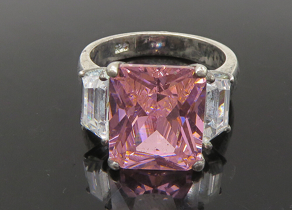 925 Sterling Silver Vintage Pink & White Cubic Zirconia Band Ring Sz 6 RG22289
