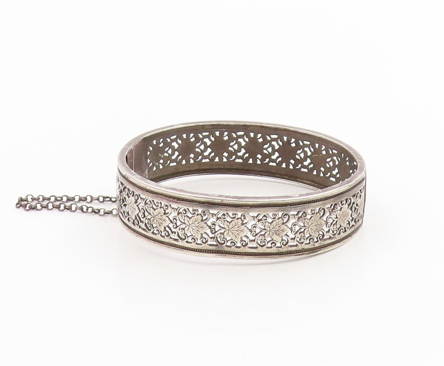 925 Sterling Silver Vintage Bracelet Antique Floral Openwork Bangle  BT12011