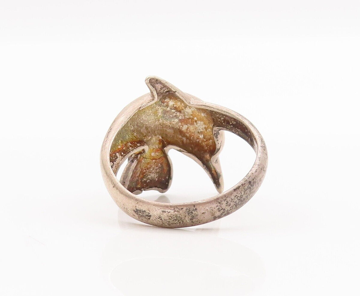 925 Sterling Silver Vintage Ring Solid Carved Diving Delphine  Sz 8  RG28212