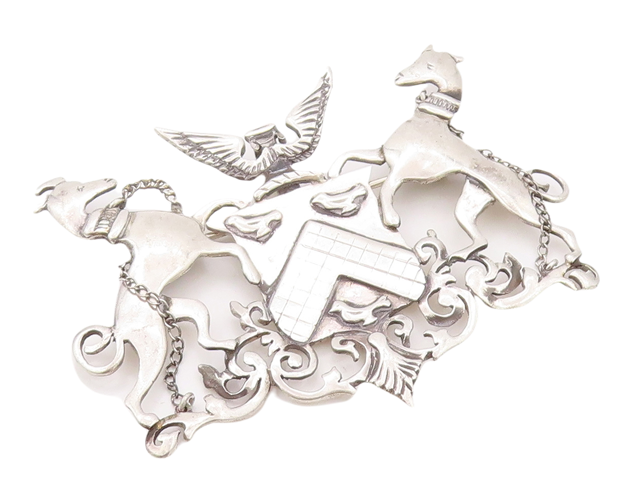 925 Sterling Silver Vintage Brooch Pin Coats Of Arms 2 Dogs Eagle Crest  BP11189