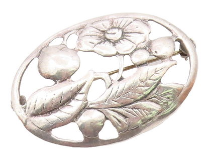 925 Sterling Silver  Vintage Shiny Floral Motif Oval Brooch Pin  BP8599