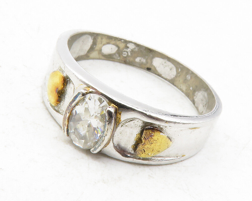 925 Sterling Silver  Topaz Two Tone Love Hearts Shiny Band Ring Sz 7  RG12327
