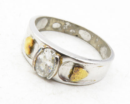 925 Sterling Silver  Topaz Two Tone Love Hearts Shiny Band Ring Sz 7  RG12327