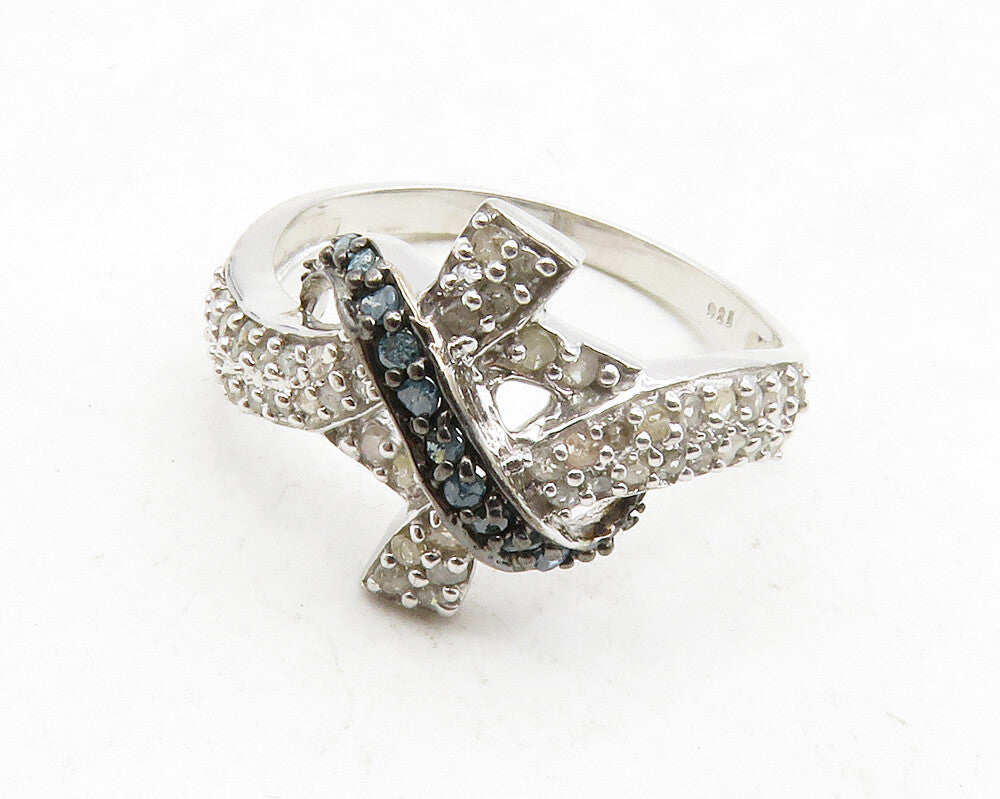 925 Sterling Silver  Genuine Blue & White Diamonds Band Ring Sz 8  RG13114