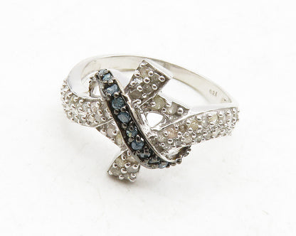 925 Sterling Silver  Genuine Blue & White Diamonds Band Ring Sz 8  RG13114