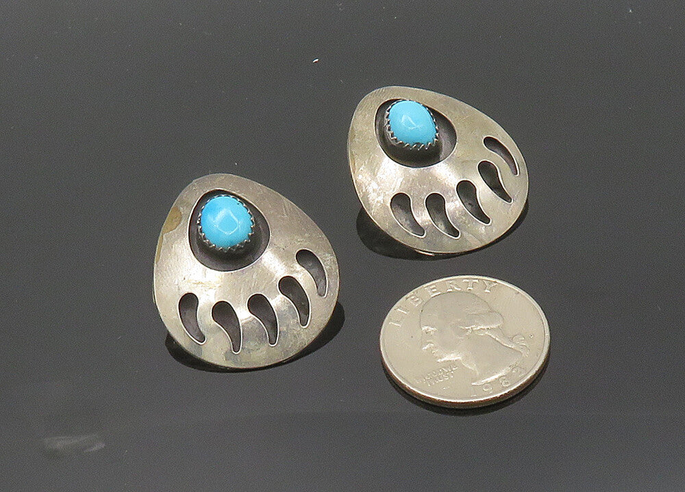 NAVAJO 925 Sterling Silver Vintage Turquoise Bear Claw Print Earrings EG9976