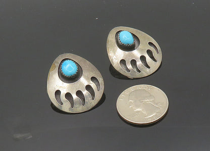 NAVAJO 925 Sterling Silver Vintage Turquoise Bear Claw Print Earrings EG9976