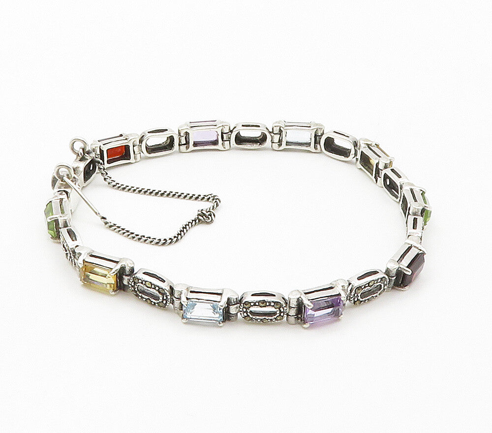 925 Sterling Silver Peridot Topaz & Multi Stone Shiny Chain Bracelet BT6074