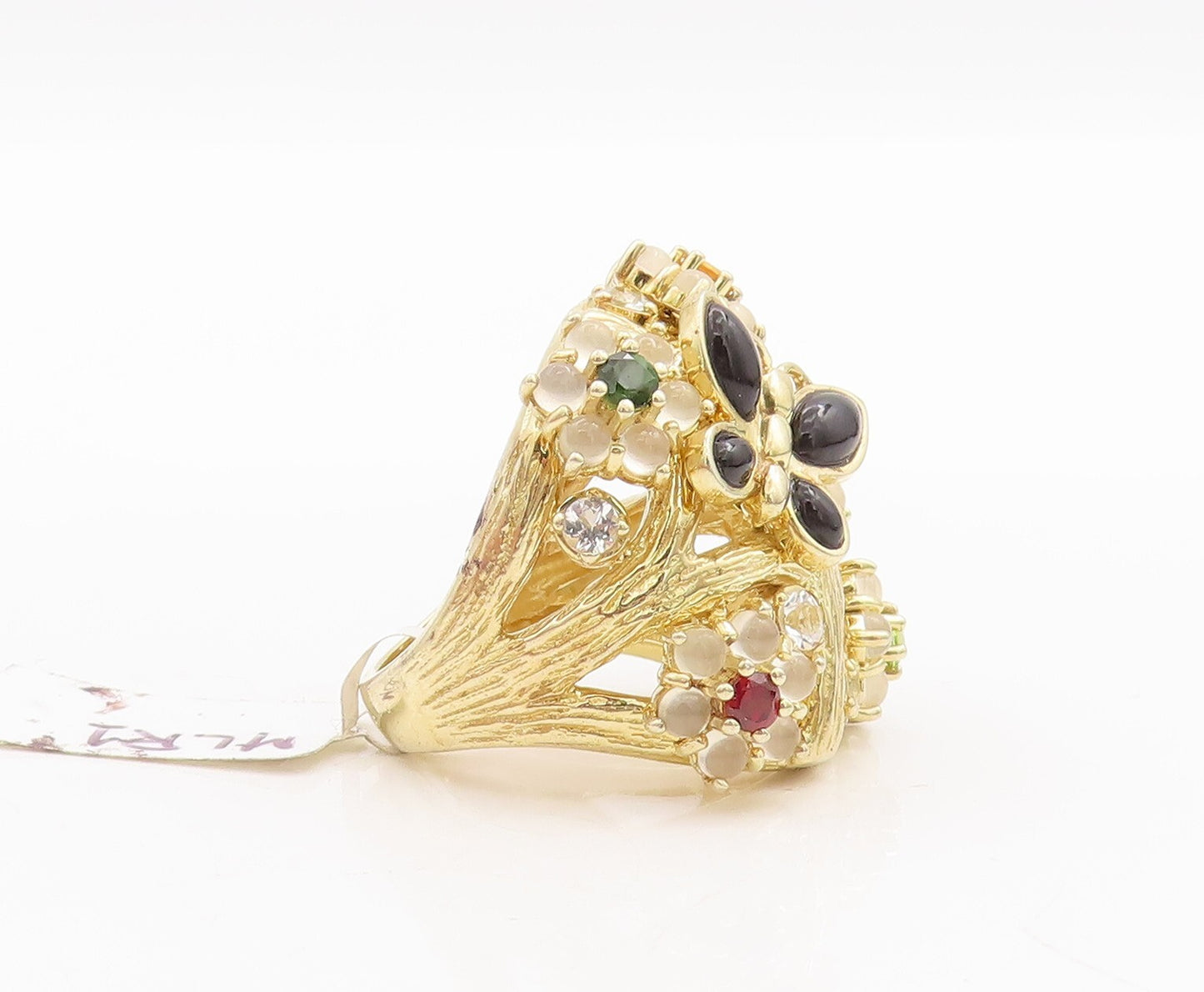 925 Sterling Silver Vintage Ring Gold Plated Floral Inlay Gemstone Sz 7  RG29078