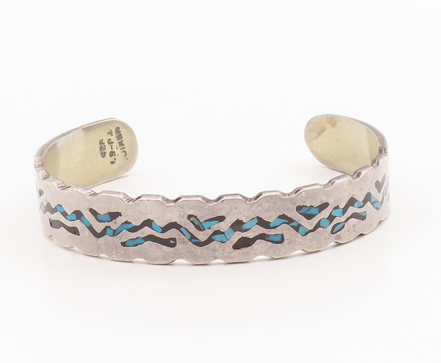 925 Sterling Silver Vintage Bracelet Crushed Turquoise Inlay Zigzag Cuff BT11602