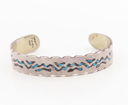 925 Sterling Silver Vintage Bracelet Crushed Turquoise Inlay Zigzag Cuff BT11602
