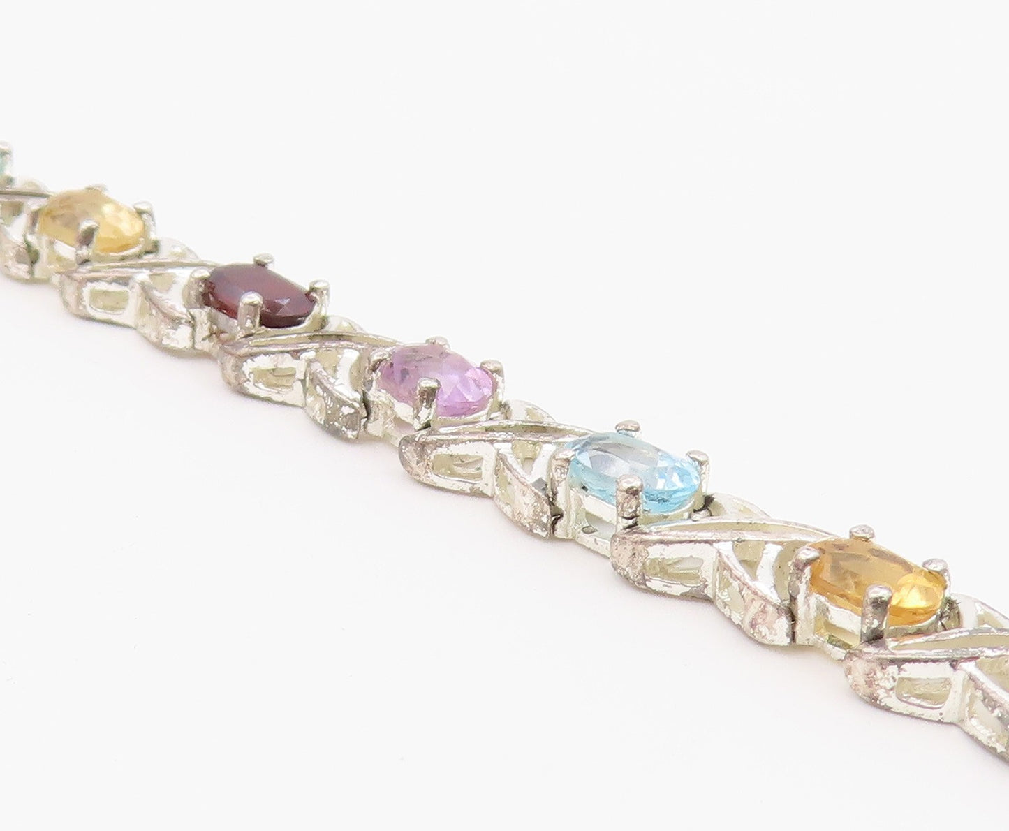 925 Silver  Vintage Topaz Garnet Citrine & Amethyst Chain Bracelet  BT8319