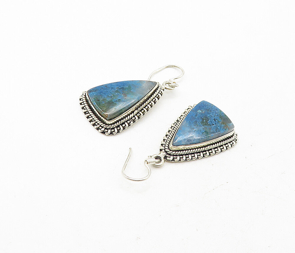 925 Sterling Silver  Vintage Blue Agate Triangle Twist Dangle Earrings  EG3911