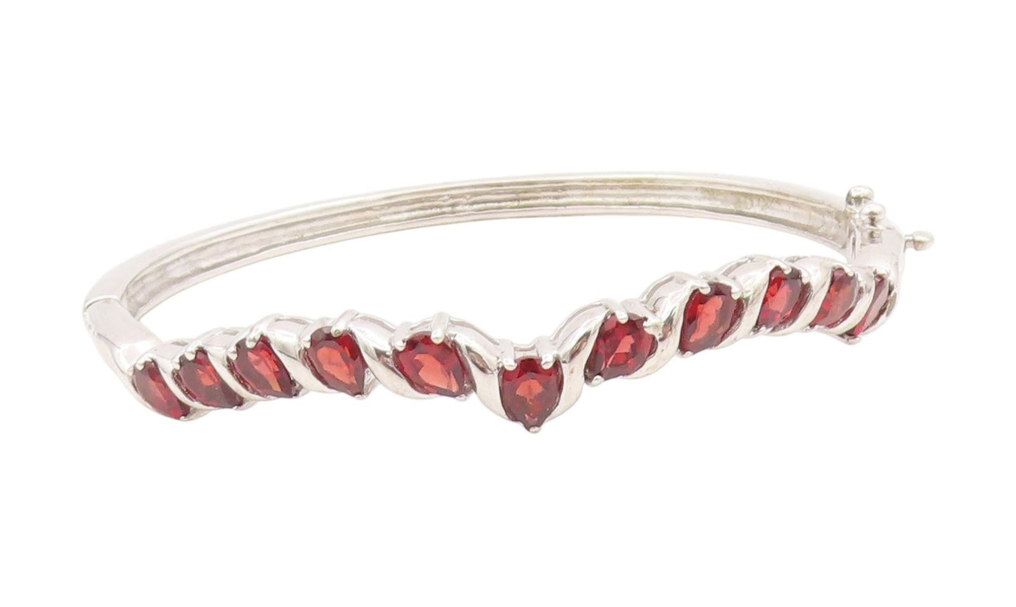 925 Sterling Silver Vintage Bracelet Red Garnet Twisting Ribbon Bangle  BT11605