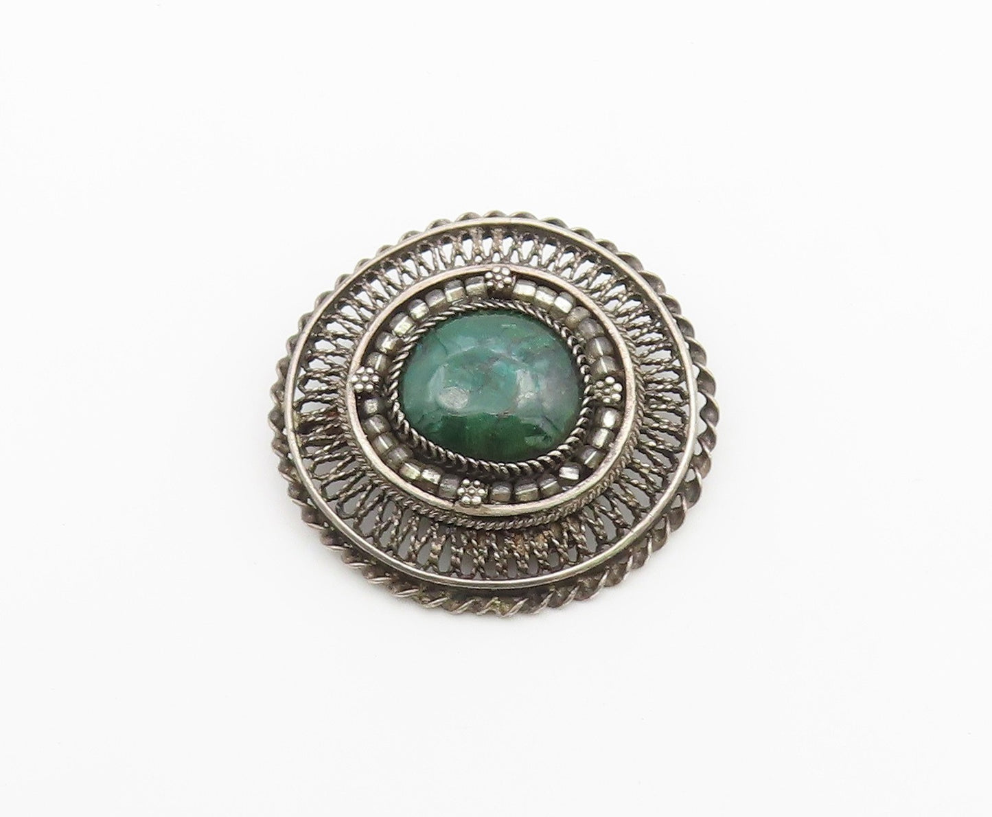 ISRAEL 925 Silver  Vintage Malachite Halo Filigree Floral Brooch Pin  BP10403