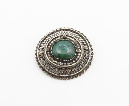 ISRAEL 925 Silver  Vintage Malachite Halo Filigree Floral Brooch Pin  BP10403