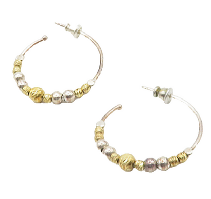 DYADEMA 925 Sterling Silver Vintage Shiny Two Tone Beaded Hoop Earrings EG9758