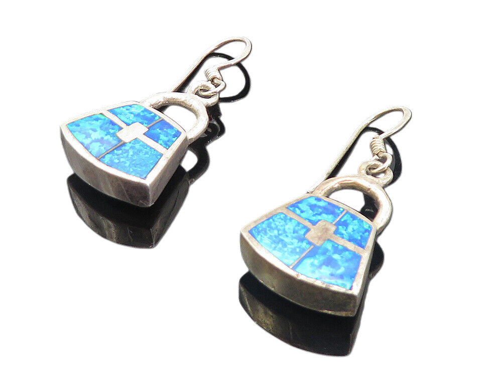 925 Sterling Silver  Vintage Inlaid Fire Opal Handbag Dangle Earrings  EG3354