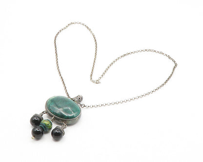 925 Sterling Silver  Vintage Hematite Chrysocolla & Onyx Chain Necklace NE2302