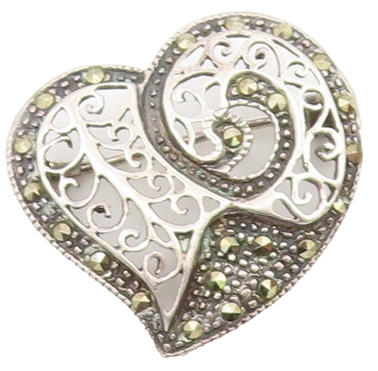 925 Sterling Silver  Vintage Marcasite Swirl Love Heart Brooch Pin  BP8788