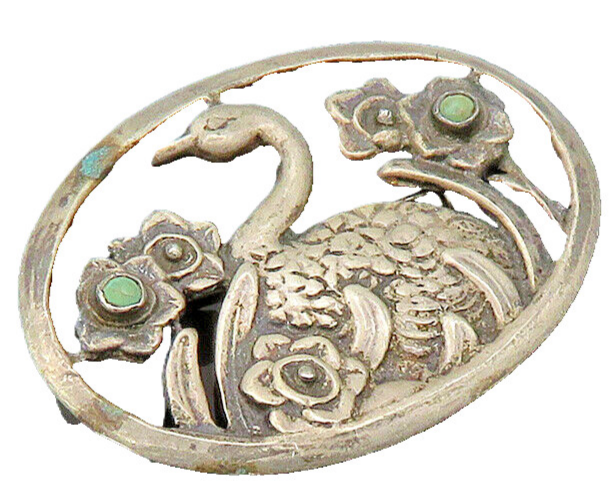 MEXICO 925 Silver  Vintage Antique Turquoise Floral Swan Brooch Pin  BP8148