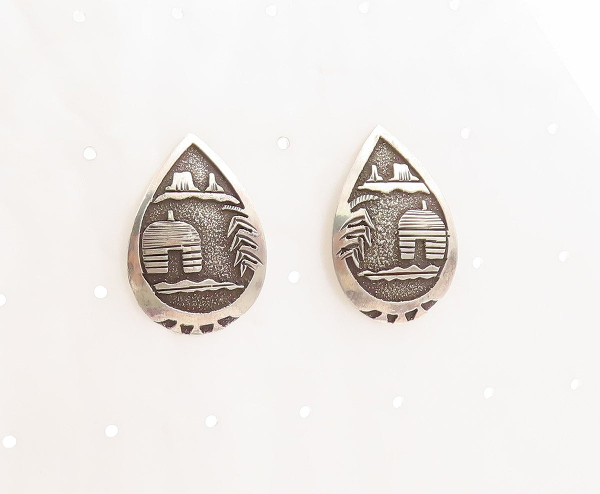 925 Sterling Silver Vintage Earrings BB NAVAJO Dark Tone Landscape  EG13281