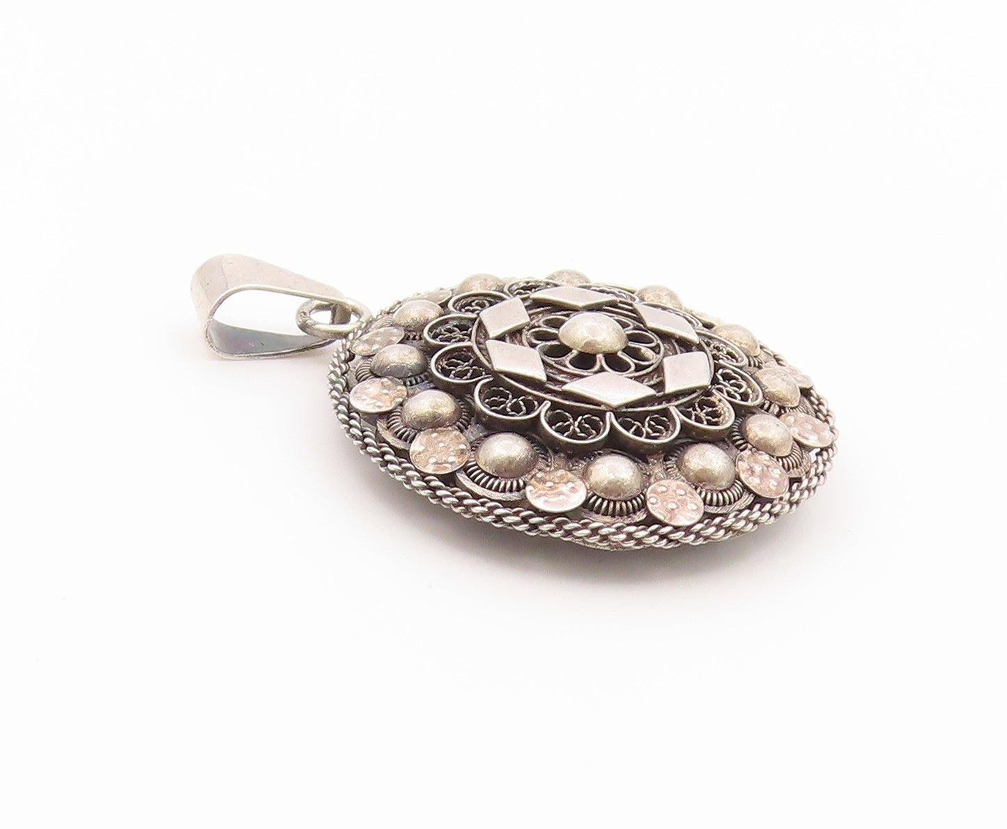 925 Sterling Silver Vintage Pendant Intricate Filigree Geometric Medal  PT26462