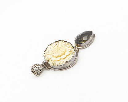 925 Sterling Silver  Vintage Smoky Topaz Carved Flower Motif Pendant  PT15031