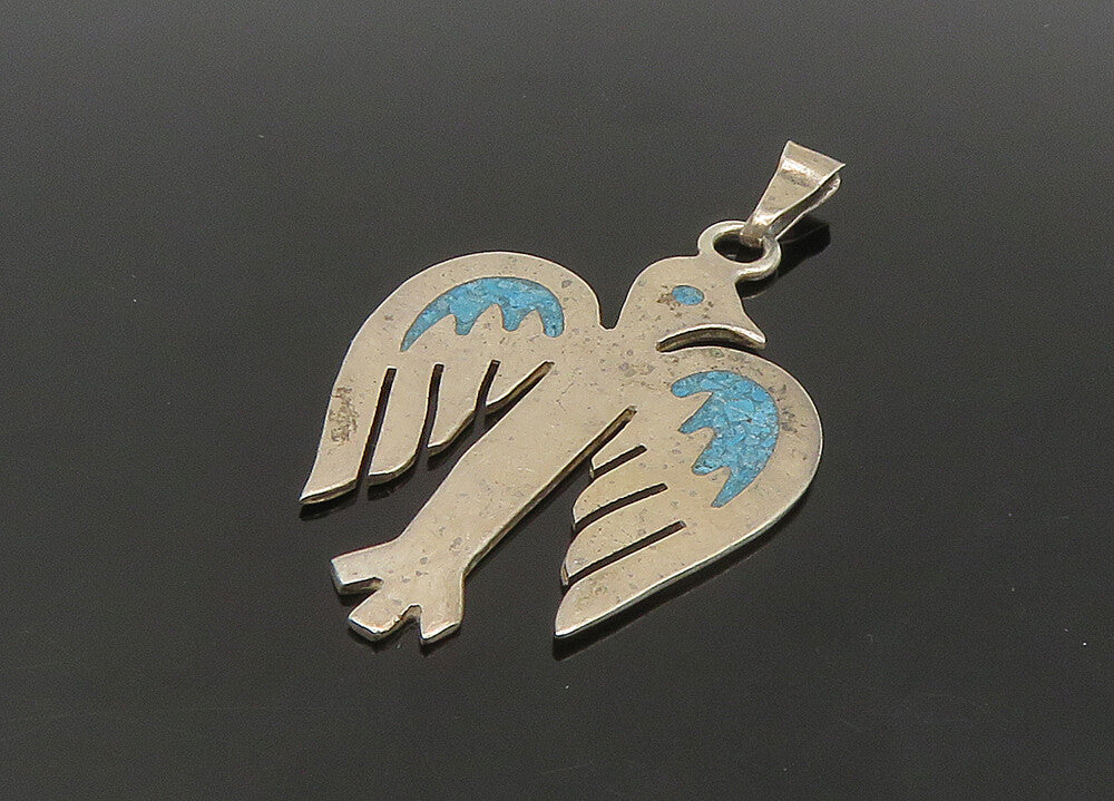 MEXICO 925 Sterling Silver Vintage Inlaid Turquoise Bird Motif Pendant PT18571