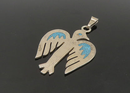 MEXICO 925 Sterling Silver Vintage Inlaid Turquoise Bird Motif Pendant PT18571