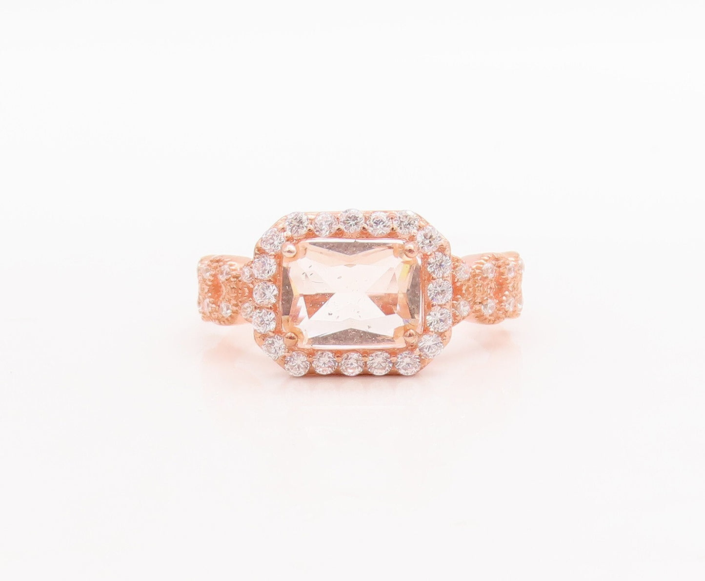 925 Sterling Silver Vintage Ring Rose Gold Plated Morganite & CZ  Sz 7  RG29423
