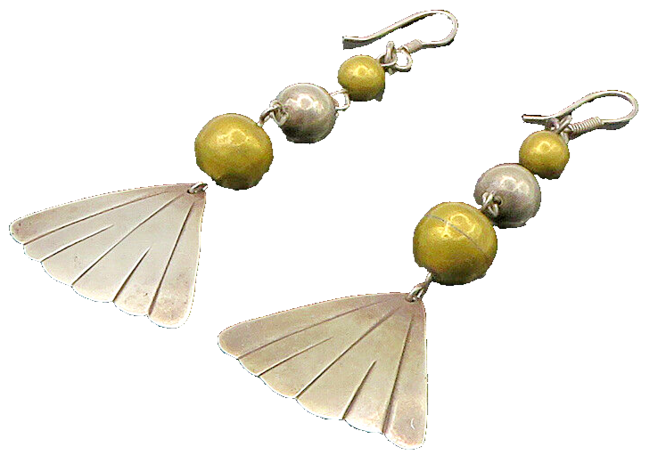 MEXICO 925 Silver  Vintage Shiny Two Tone Fan Style Dangle Earrings  EG11157