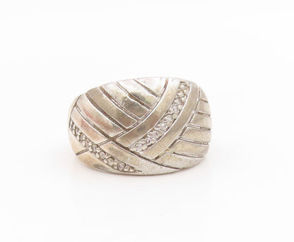925 Sterling Silver Vintage Ring CZ Crossover Ribbed Dome Band  Sz 7  RG34528